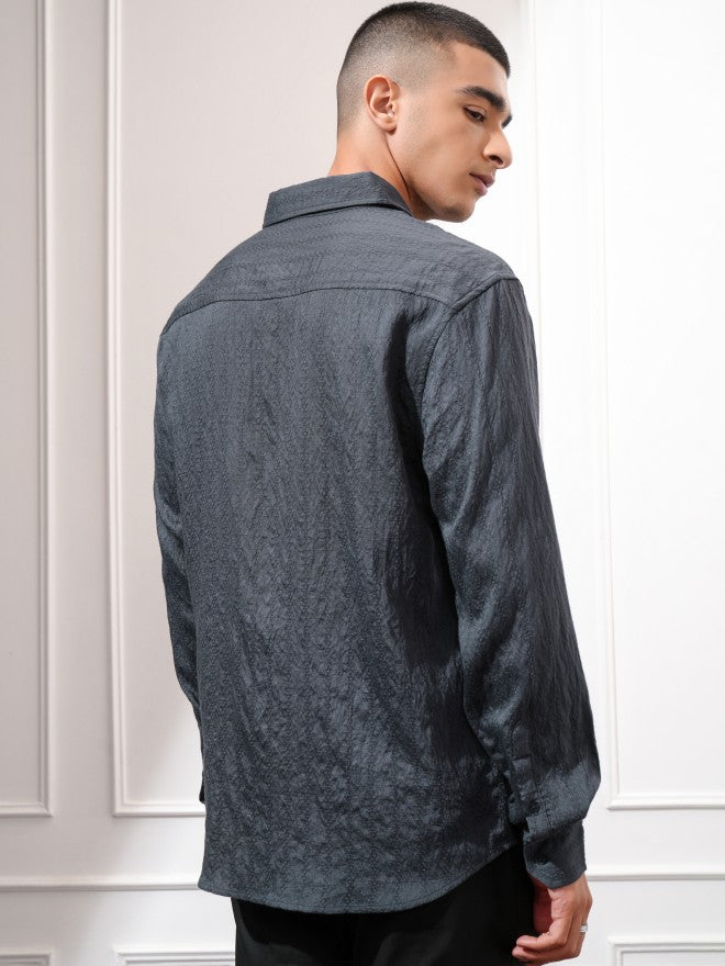 Highlander Men Charcoal Textured Relaxed Fit Casual Shirt - Charcoal - Image 3