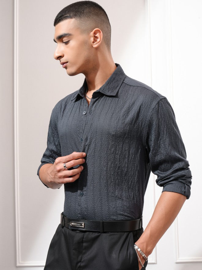 Highlander Men Charcoal Textured Relaxed Fit Casual Shirt - Charcoal - Image 4