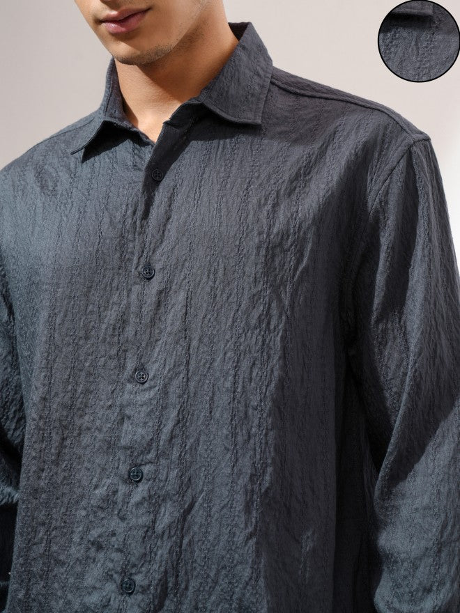 Highlander Men Charcoal Textured Relaxed Fit Casual Shirt - Charcoal - Image 5