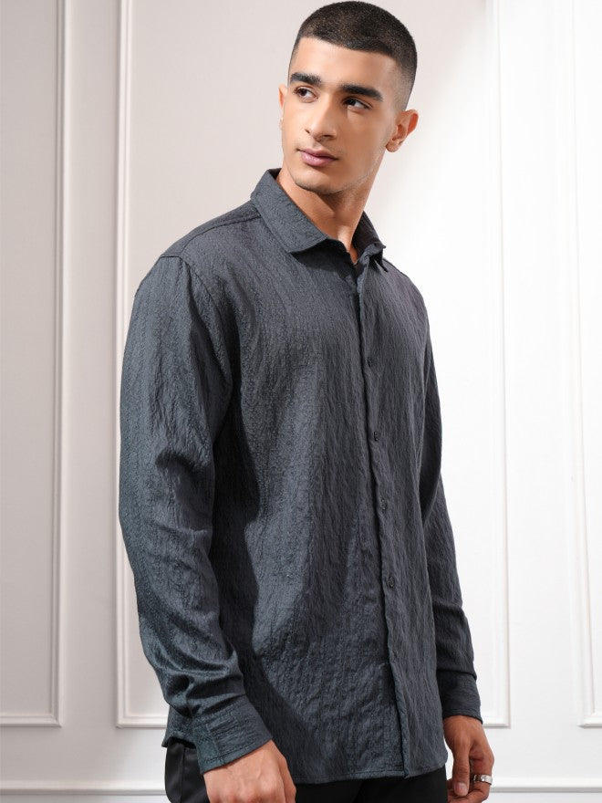 Highlander Men Charcoal Textured Relaxed Fit Casual Shirt - Charcoal - Image 6
