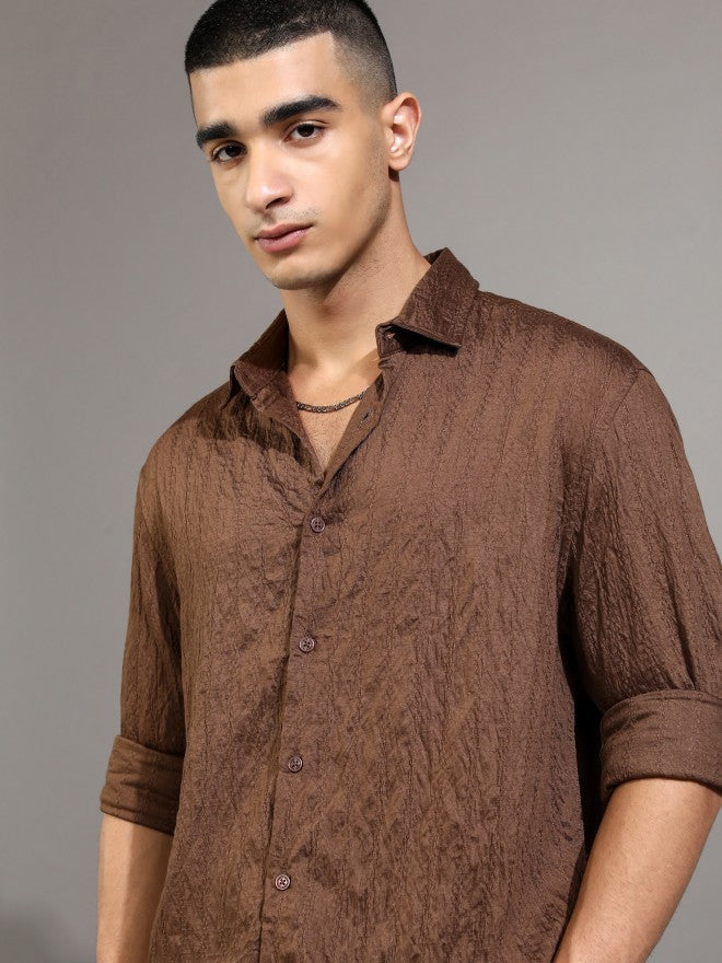 Highlander Men Brown Textured Relaxed Fit Casual Shirt - Brown - Image 1
