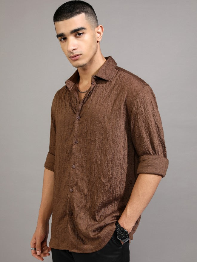 Highlander Men Brown Textured Relaxed Fit Casual Shirt - Brown - Image 4