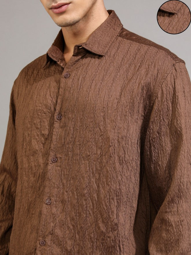 Highlander Men Brown Textured Relaxed Fit Casual Shirt - Brown - Image 5