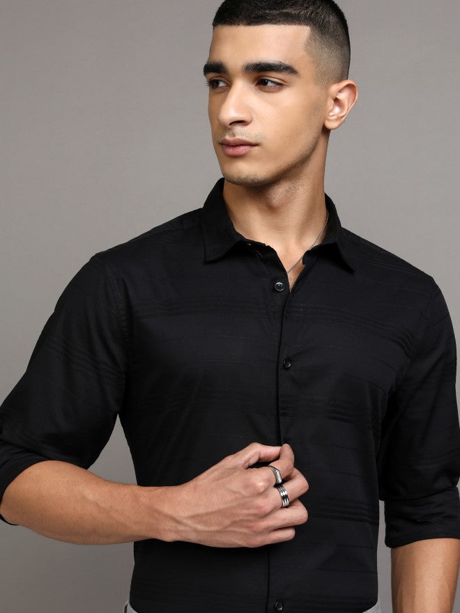 Highlander Men Black Striped Regular Fit Casual Shirts - Black - Image 1