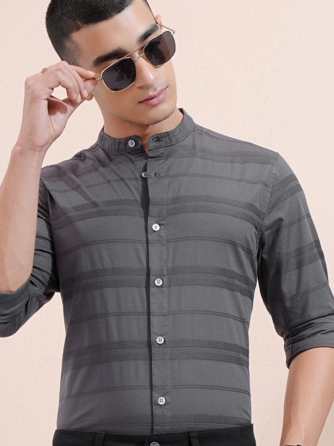 Highlander Men Charcoal Striped Regular Fit Casual Shirt - Charcoal - Image 1