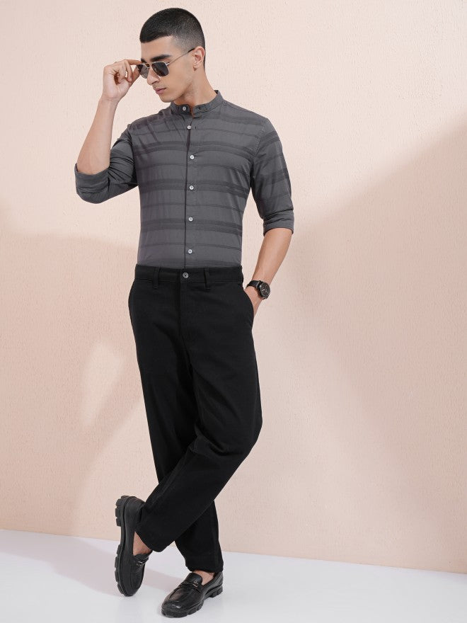 Highlander Men Charcoal Striped Regular Fit Casual Shirt - Charcoal - Image 2