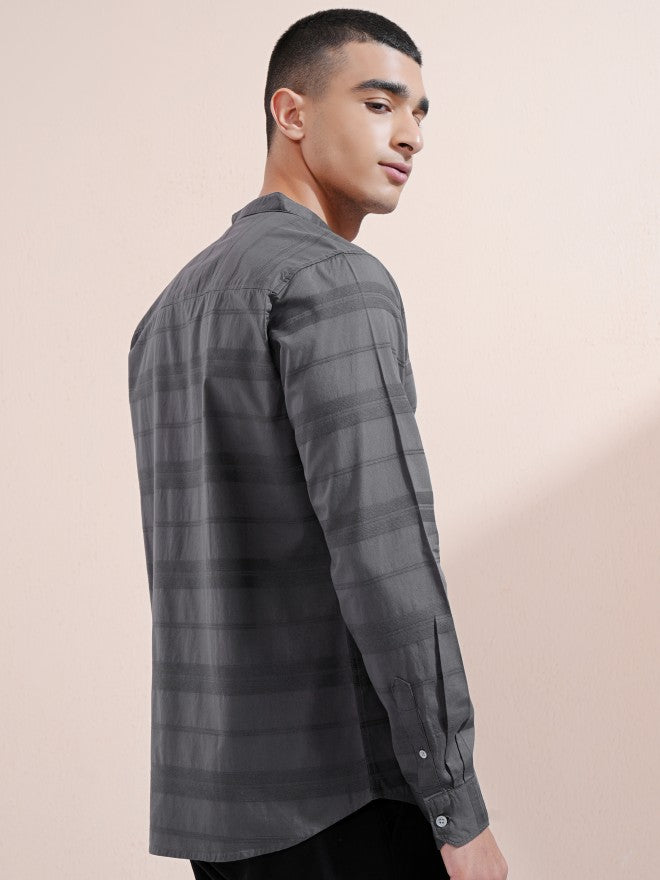 Highlander Men Charcoal Striped Regular Fit Casual Shirt - Charcoal - Image 3