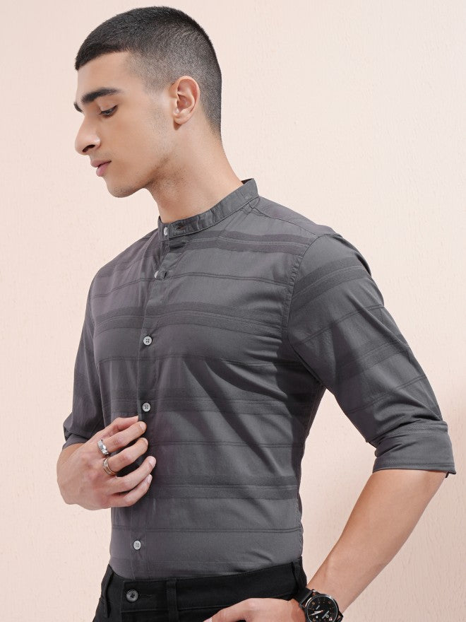 Highlander Men Charcoal Striped Regular Fit Casual Shirt - Charcoal - Image 4