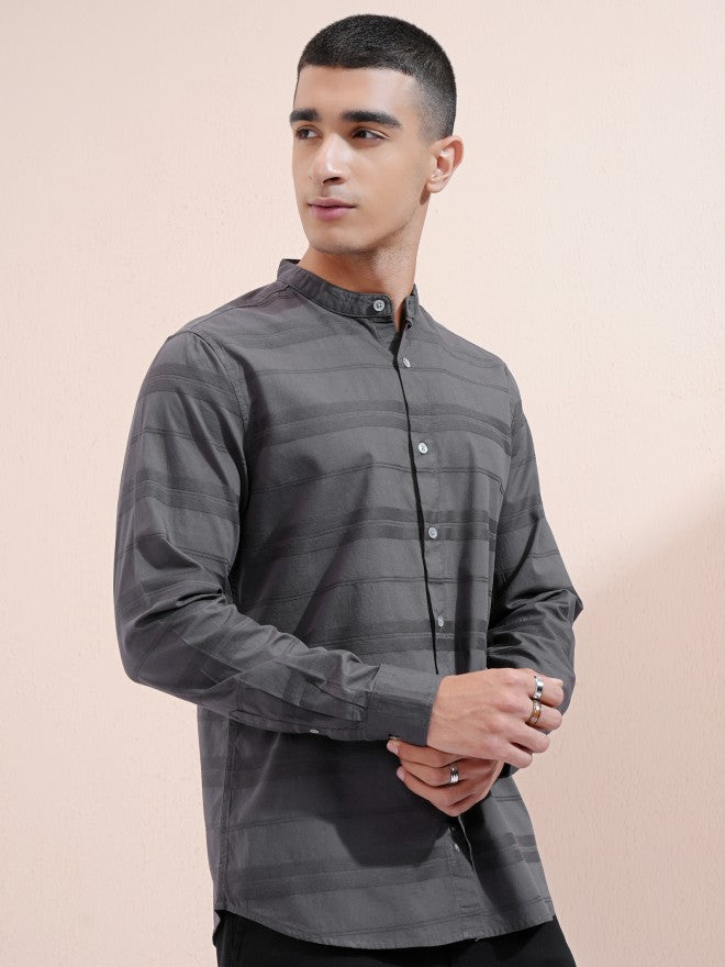 Highlander Men Charcoal Striped Regular Fit Casual Shirt - Charcoal - Image 6