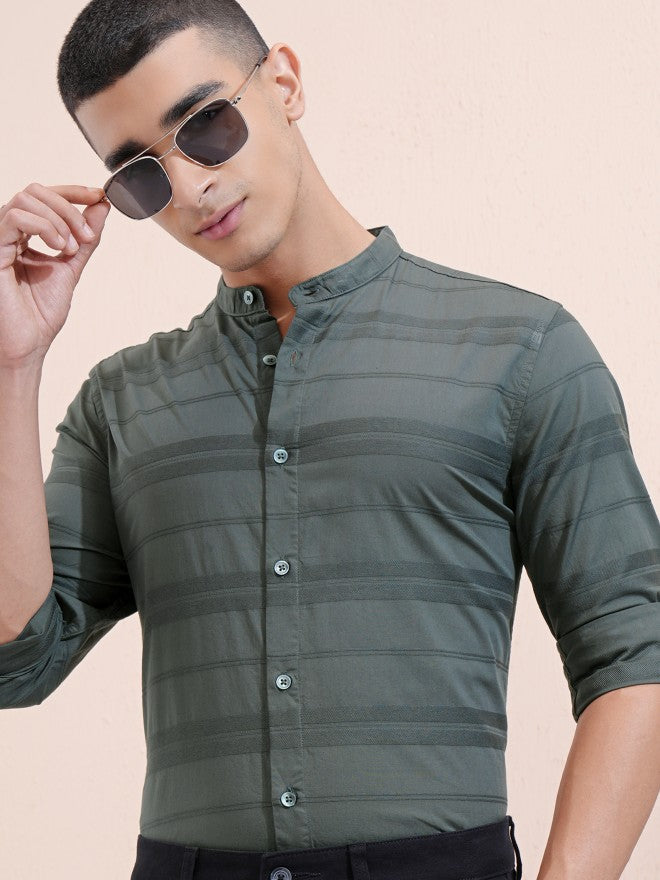 Highlander Men Green Striped Regular Fit Casual Shirt - Green - Image 1
