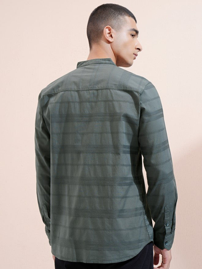 Highlander Men Green Striped Regular Fit Casual Shirt - Green - Image 3