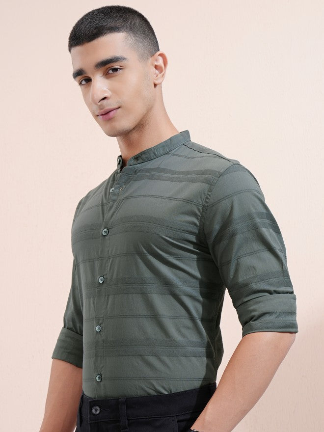 Highlander Men Green Striped Regular Fit Casual Shirt - Green - Image 4