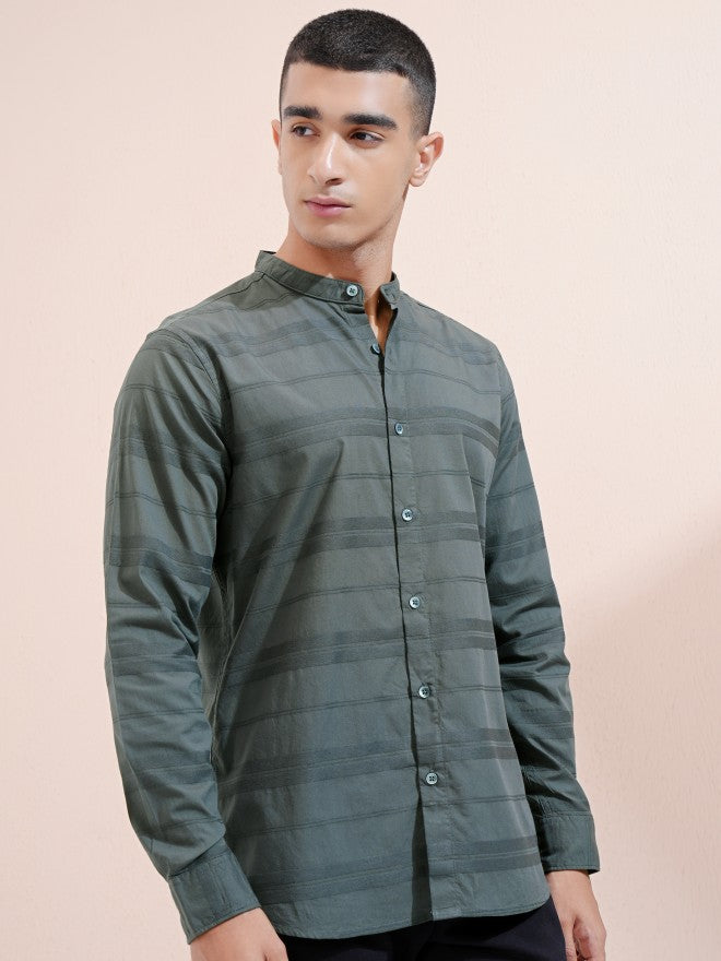 Highlander Men Green Striped Regular Fit Casual Shirt - Green - Image 6