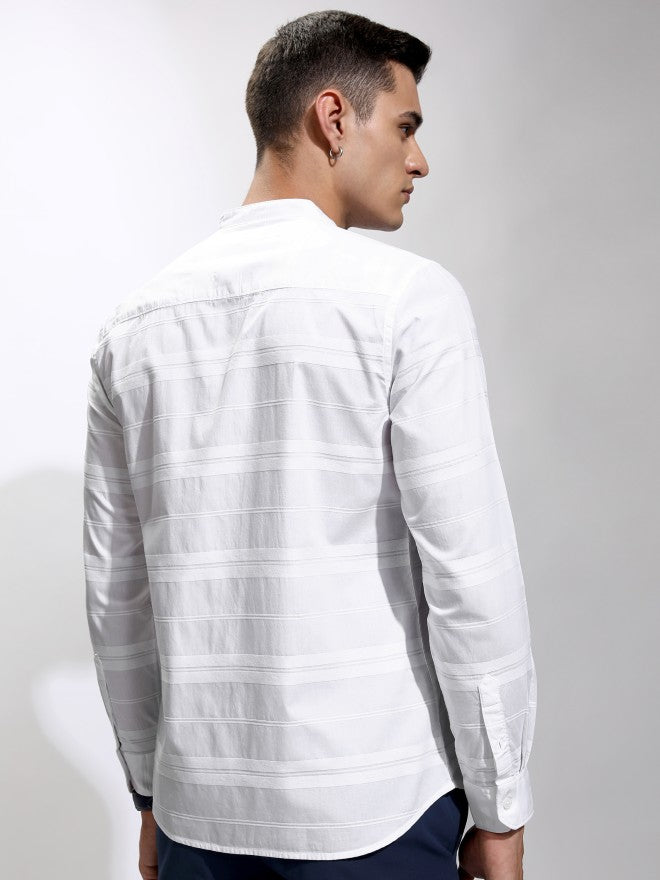 Highlander Men White Striped Regular Fit Casual Shirt - White - Image 3