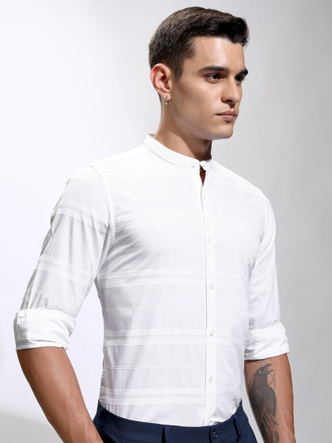 Highlander Men White Striped Regular Fit Casual Shirt - White - Image 6