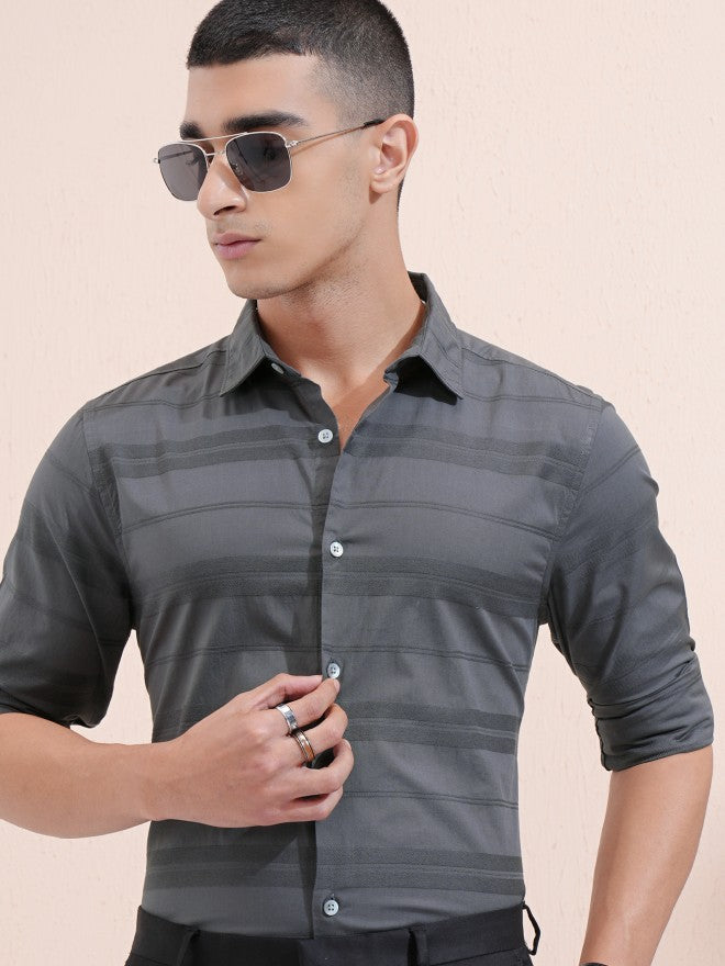 Highlander Men Charcoal Striped Regular Fit Casual Shirt - Charcoal - Image 1
