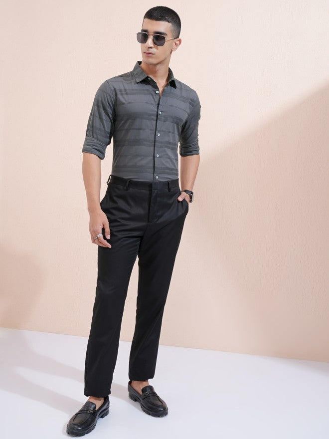 Highlander Men Charcoal Striped Regular Fit Casual Shirt - Charcoal - Image 2