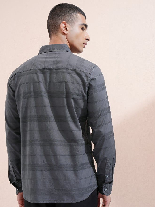 Highlander Men Charcoal Striped Regular Fit Casual Shirt - Charcoal - Image 3