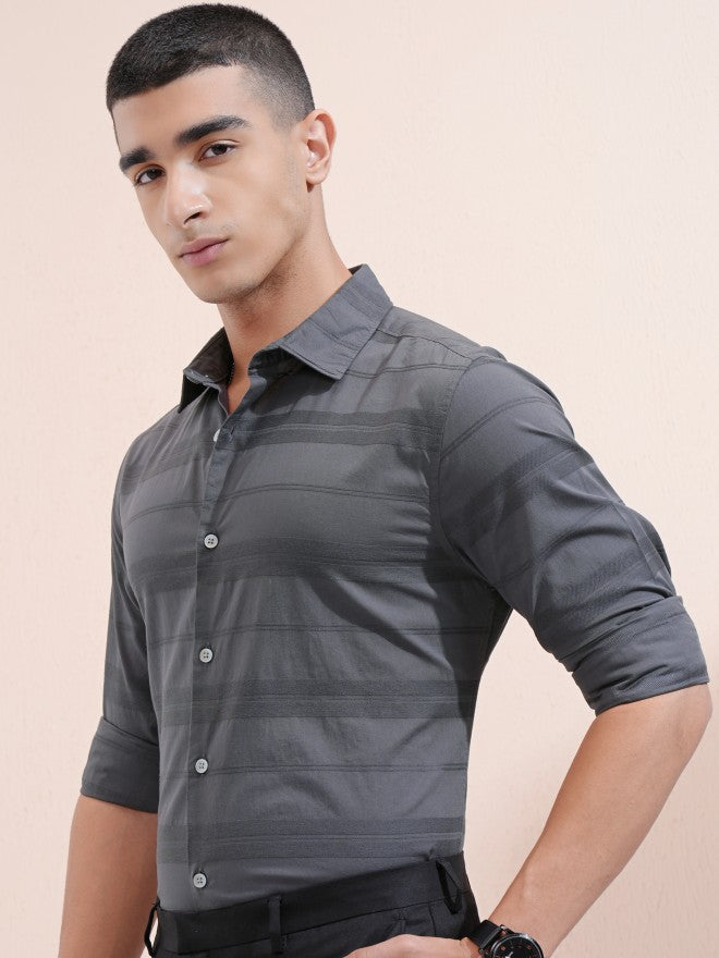 Highlander Men Charcoal Striped Regular Fit Casual Shirt - Charcoal - Image 4