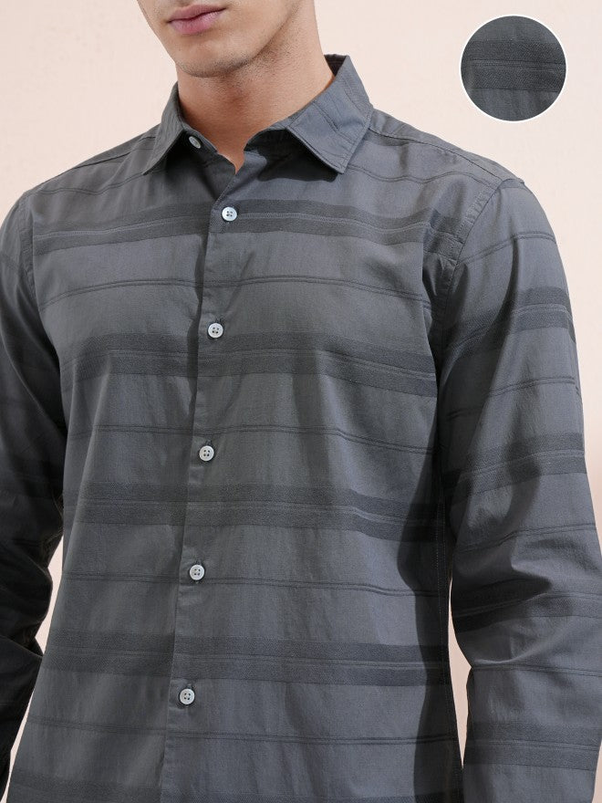 Highlander Men Charcoal Striped Regular Fit Casual Shirt - Charcoal - Image 5