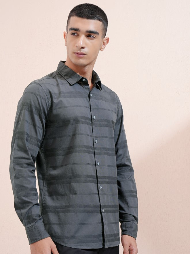Highlander Men Charcoal Striped Regular Fit Casual Shirt - Charcoal - Image 6