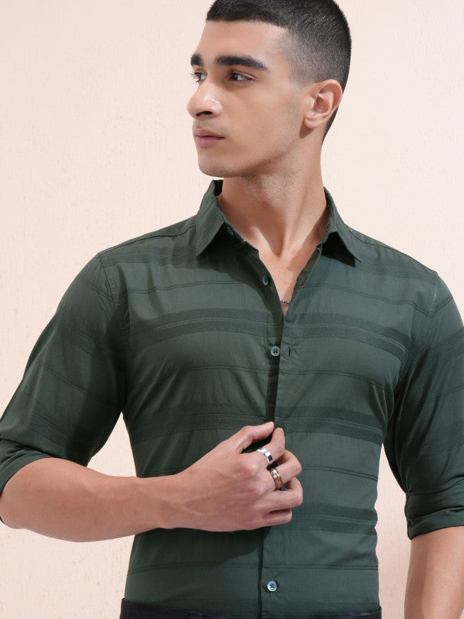 Highlander Men Green Striped Regular Fit Casual Shirt - Green - Image 1