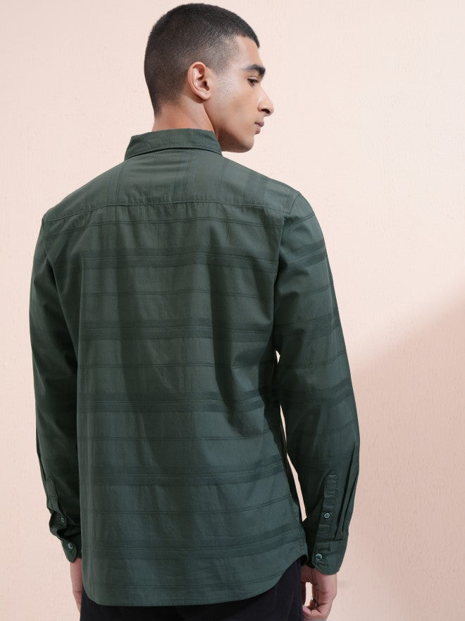 Highlander Men Green Striped Regular Fit Casual Shirt - Green - Image 3