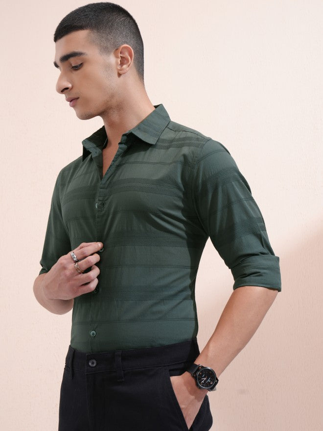 Highlander Men Green Striped Regular Fit Casual Shirt - Green - Image 4
