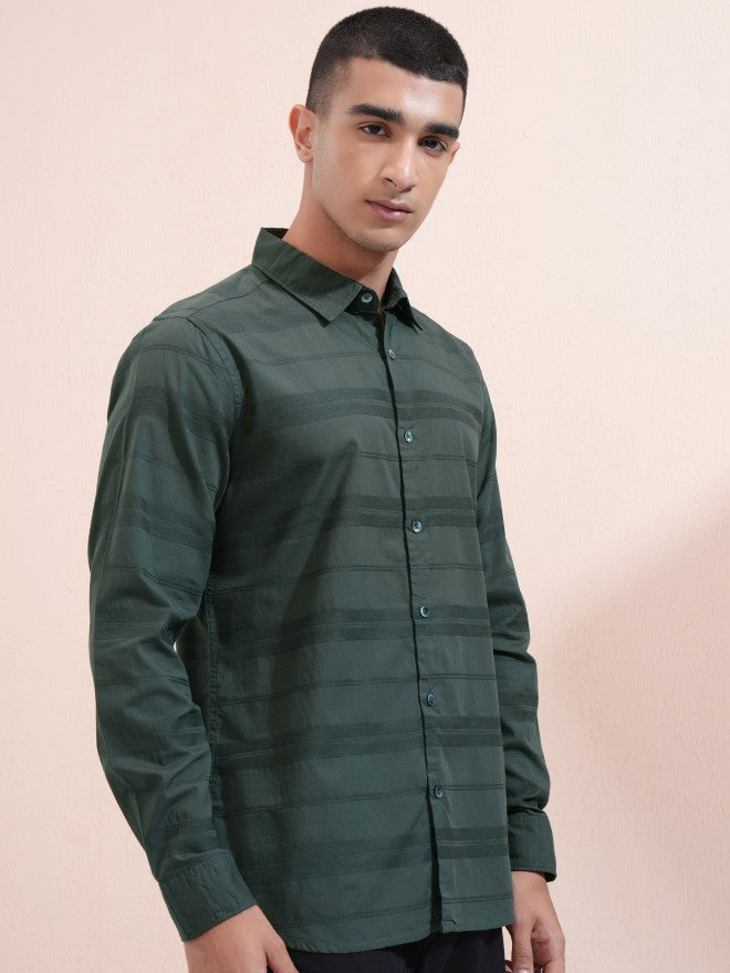 Highlander Men Green Striped Regular Fit Casual Shirt - Green - Image 6