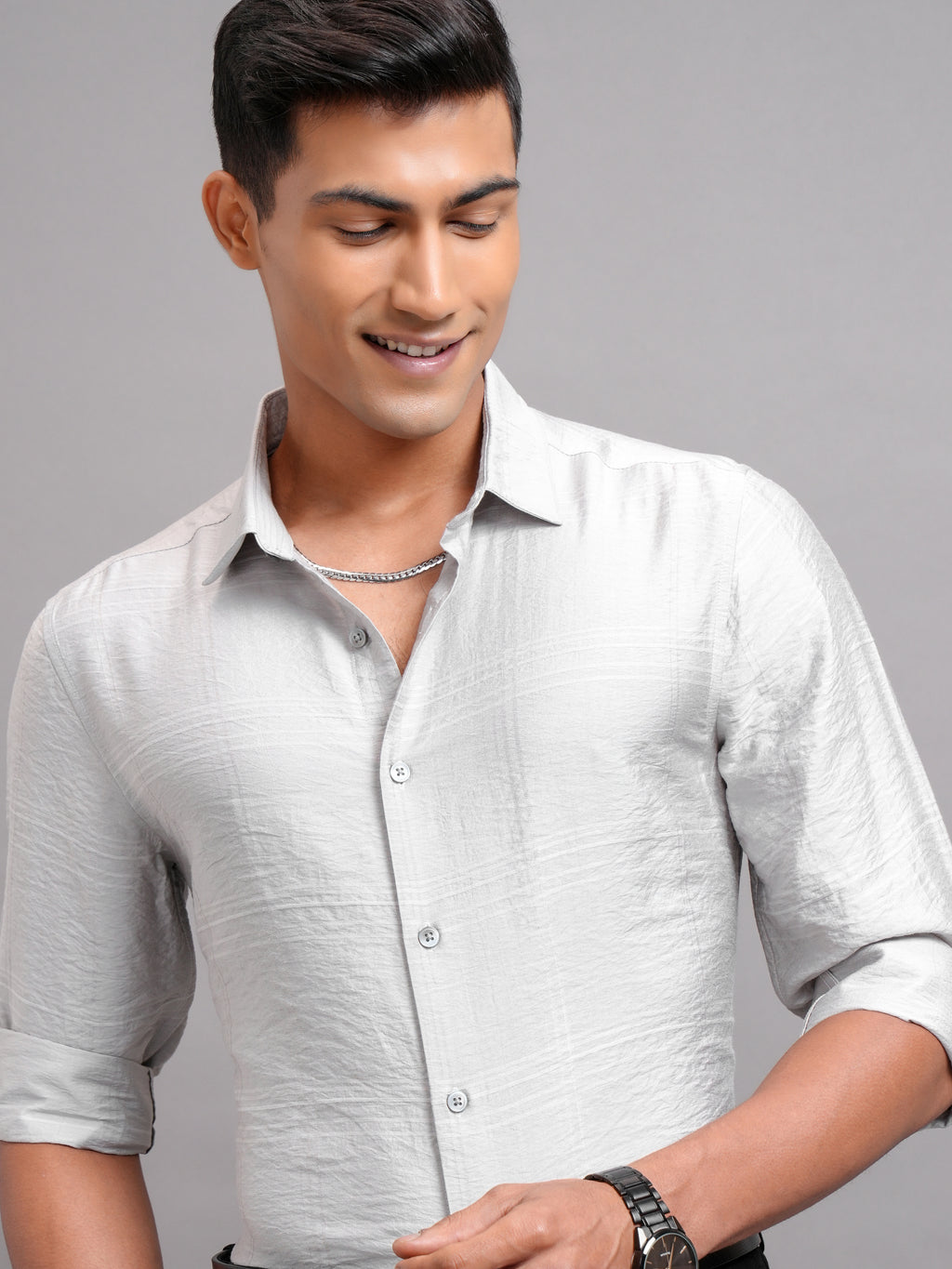 Highlander Men Grey Self Design Slim Fit Casual Shirt - Grey - Image 1