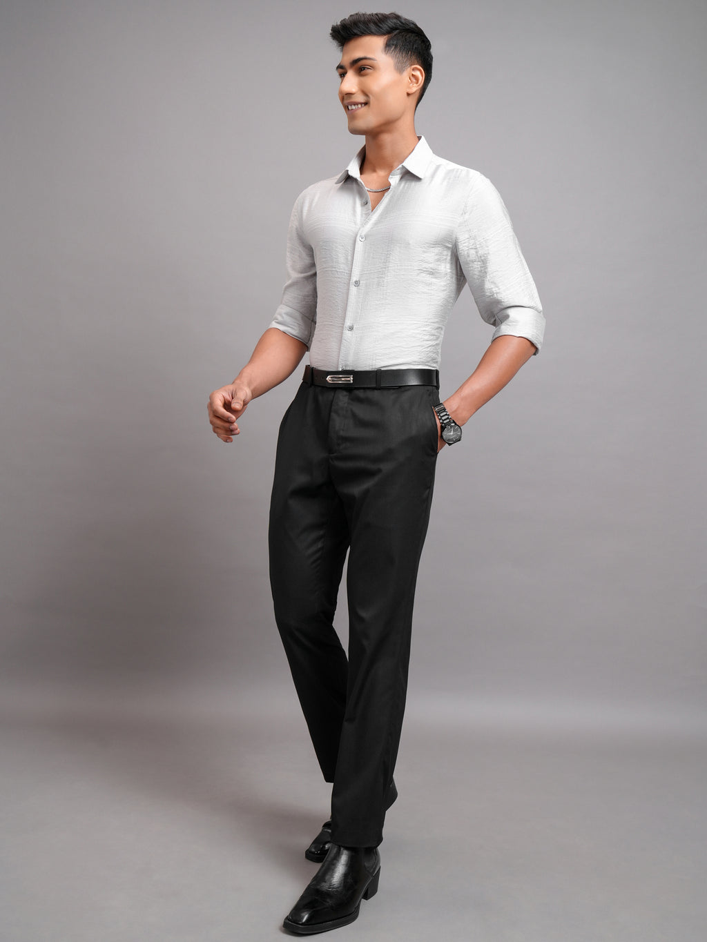 Highlander Men Grey Self Design Slim Fit Casual Shirt - Grey - Image 2