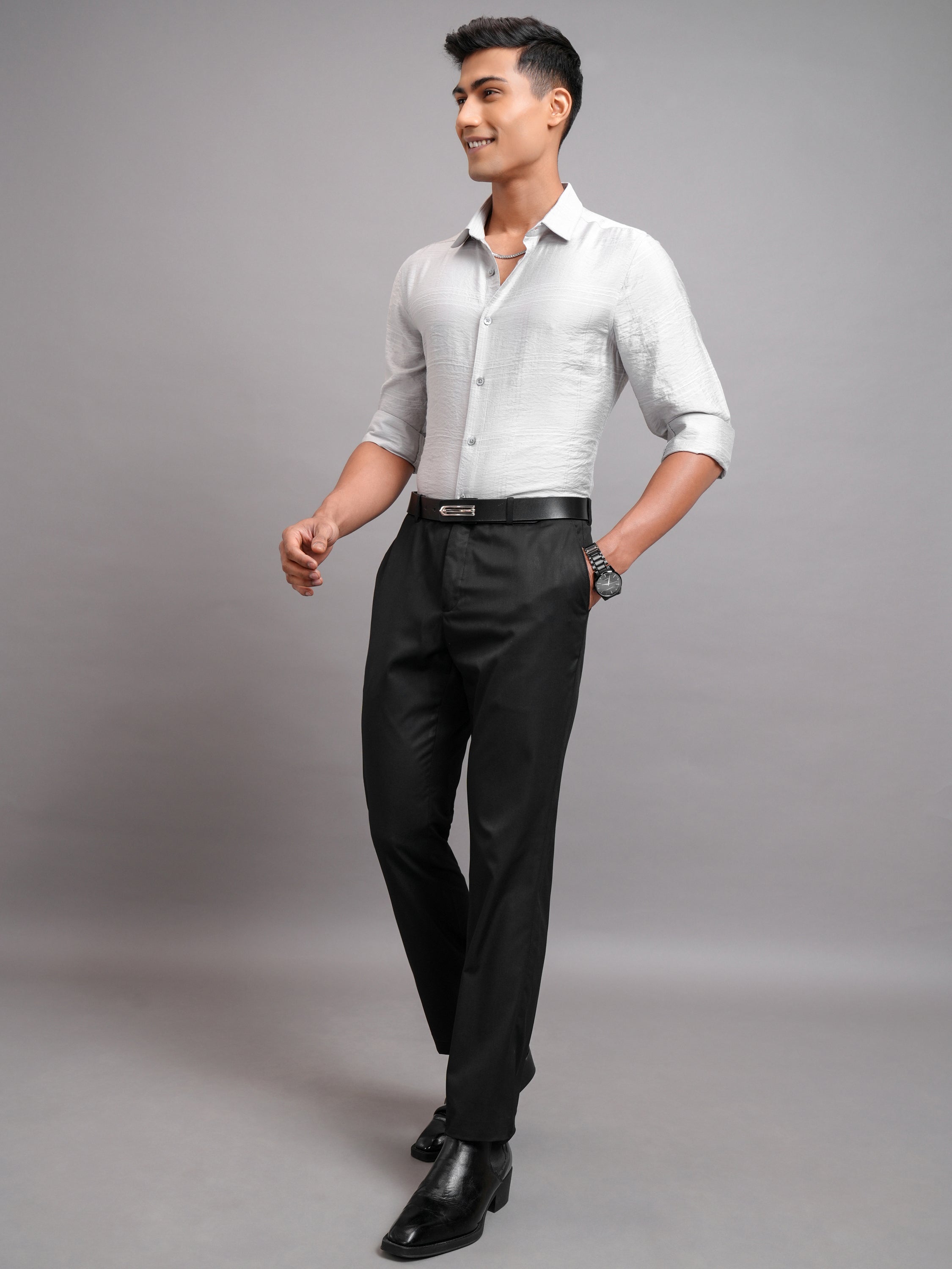 Highlander Men Grey Self Design Slim Fit Casual Shirt - Grey - Image 2