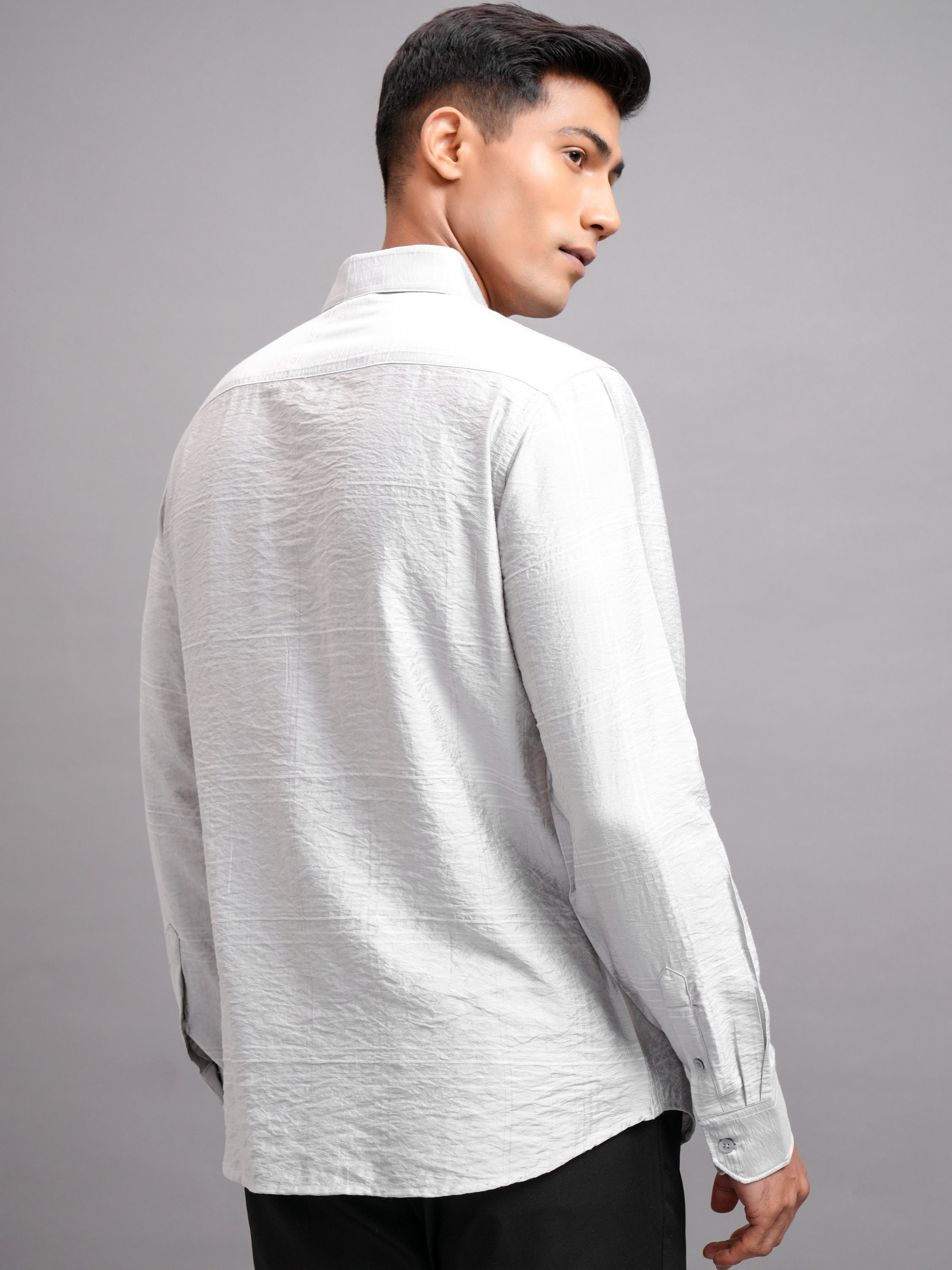 Highlander Men Grey Self Design Slim Fit Casual Shirt - Grey - Image 3