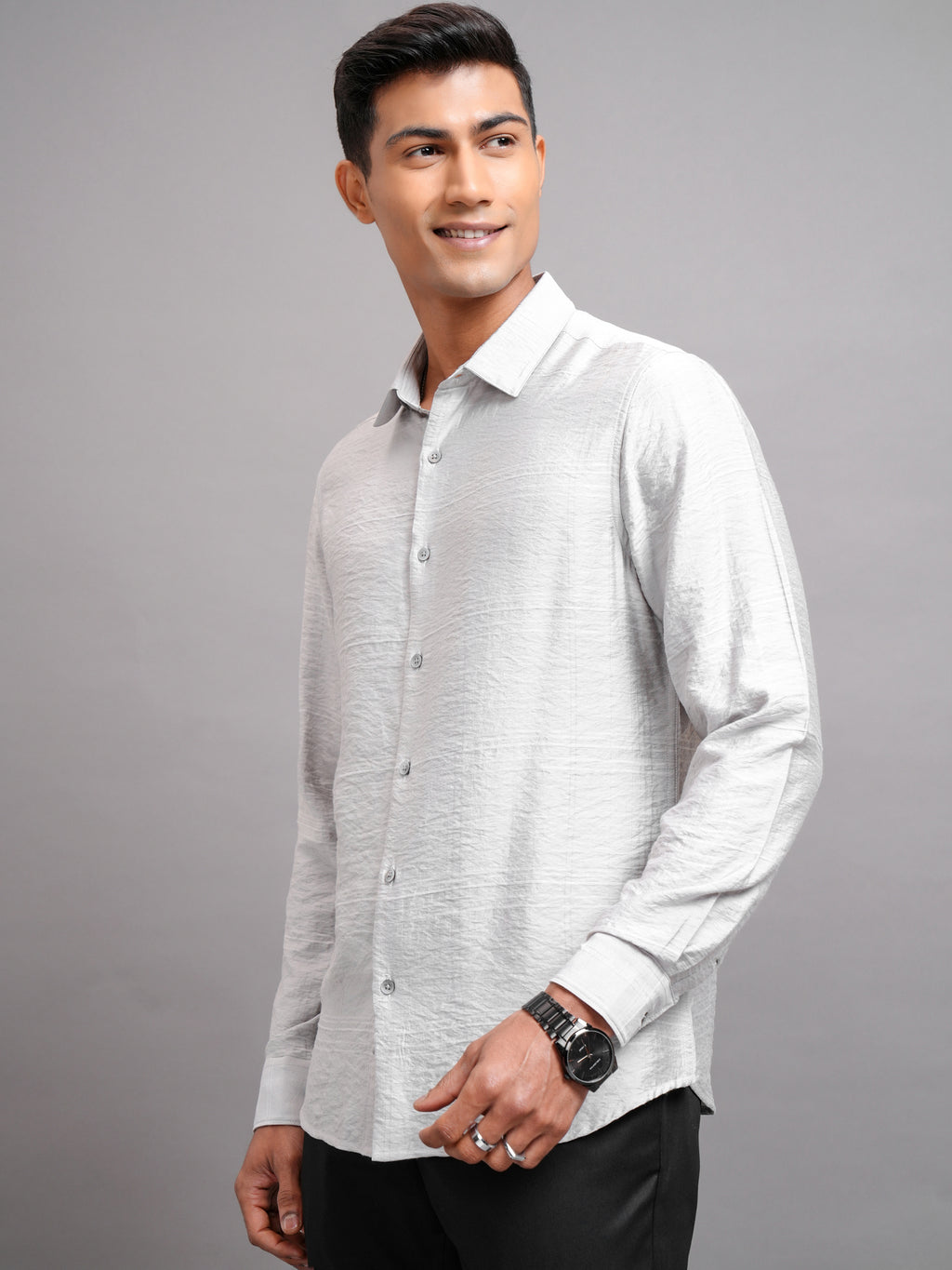 Highlander Men Grey Self Design Slim Fit Casual Shirt - Grey - Image 4