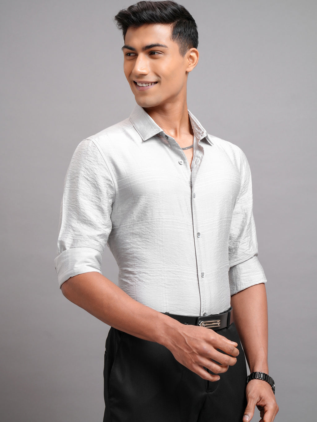 Highlander Men Grey Self Design Slim Fit Casual Shirt - Grey - Image 6