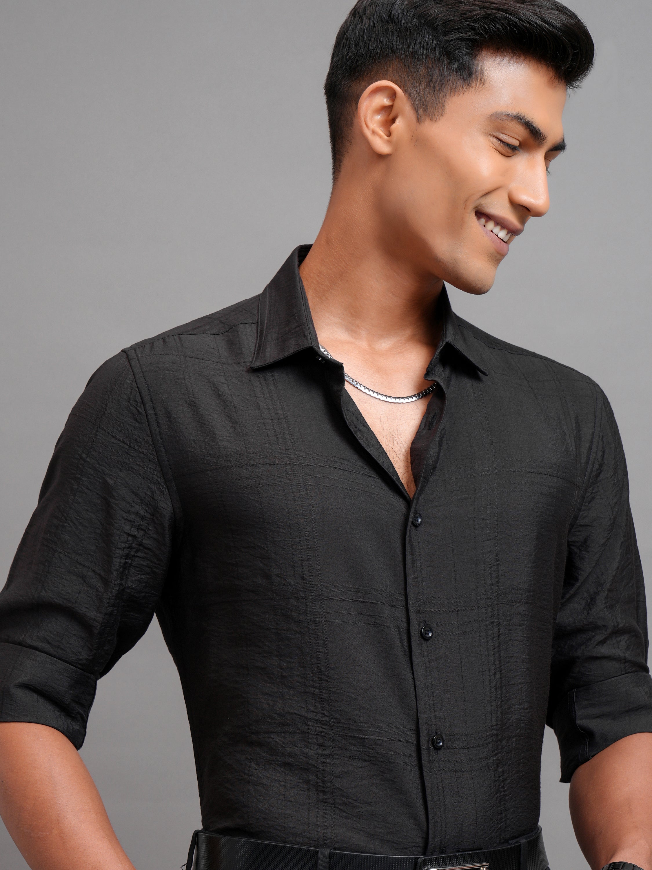 Highlander Men Black Self Design Slim Fit Casual Shirt - Black - Image 1