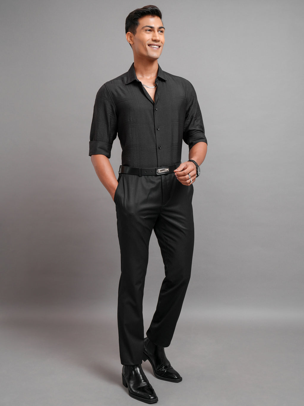 Highlander Men Black Self Design Slim Fit Casual Shirt - Black - Image 2