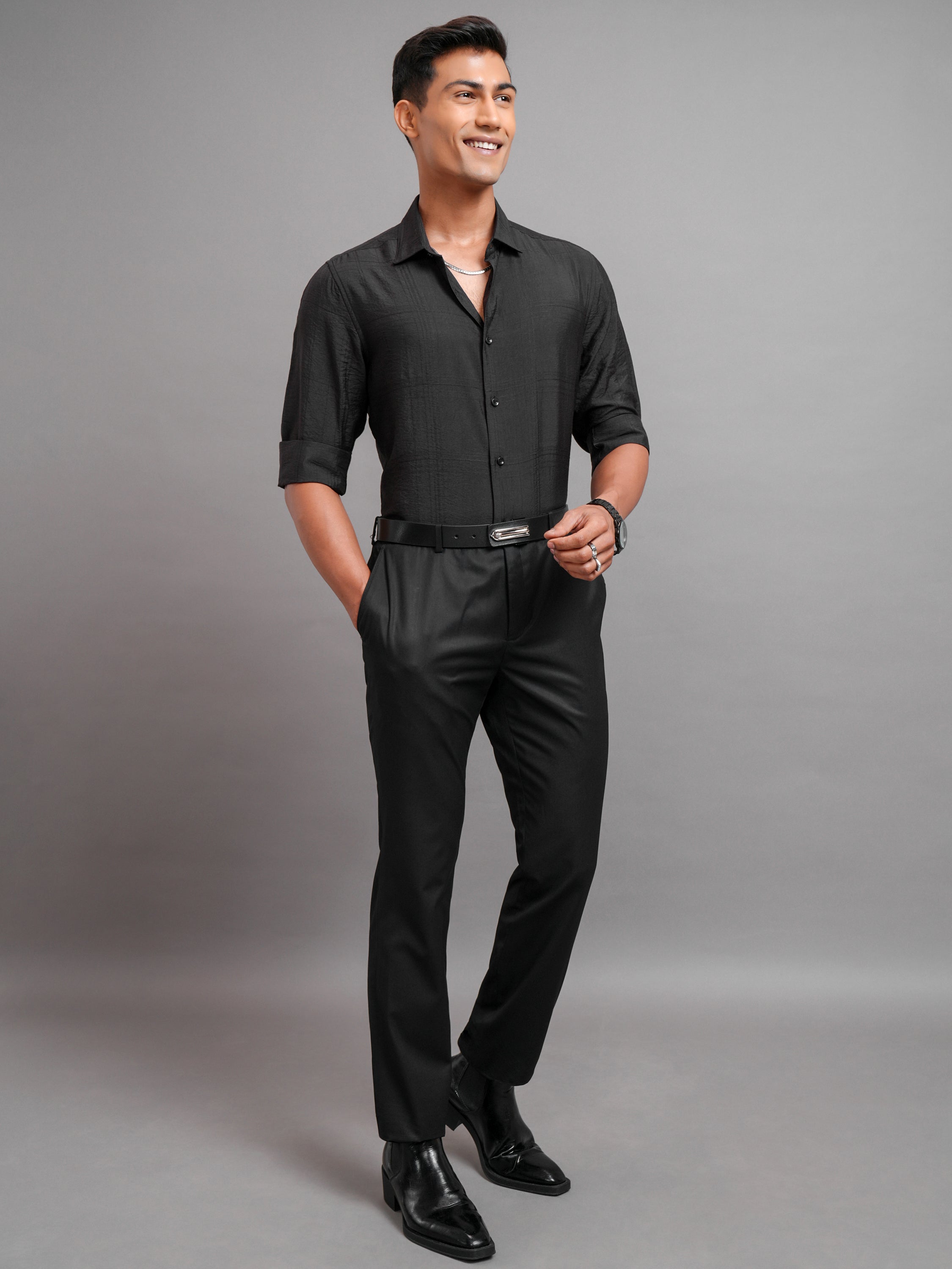 Highlander Men Black Self Design Slim Fit Casual Shirt - Black - Image 2
