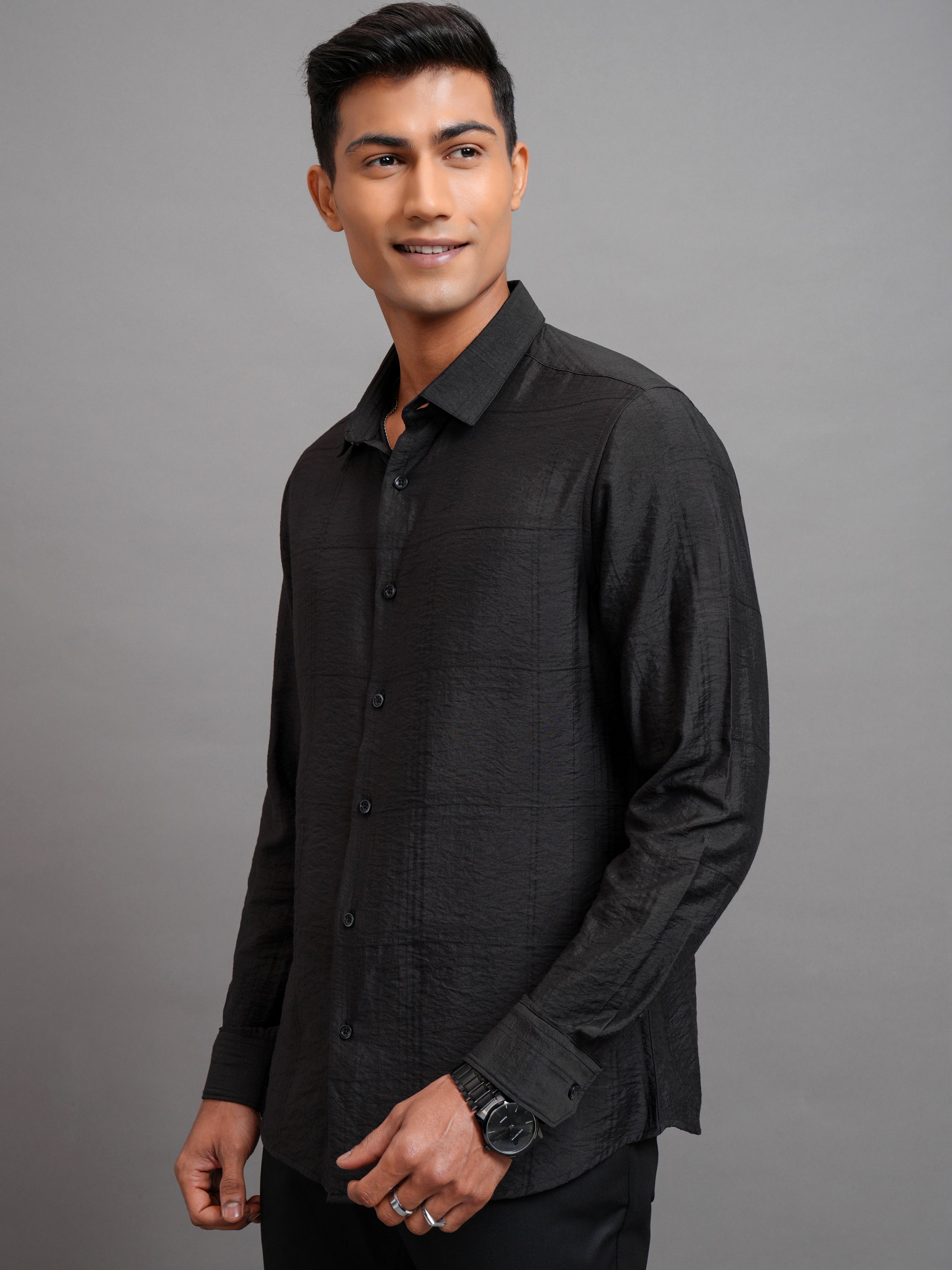 Highlander Men Black Self Design Slim Fit Casual Shirt - Black - Image 4
