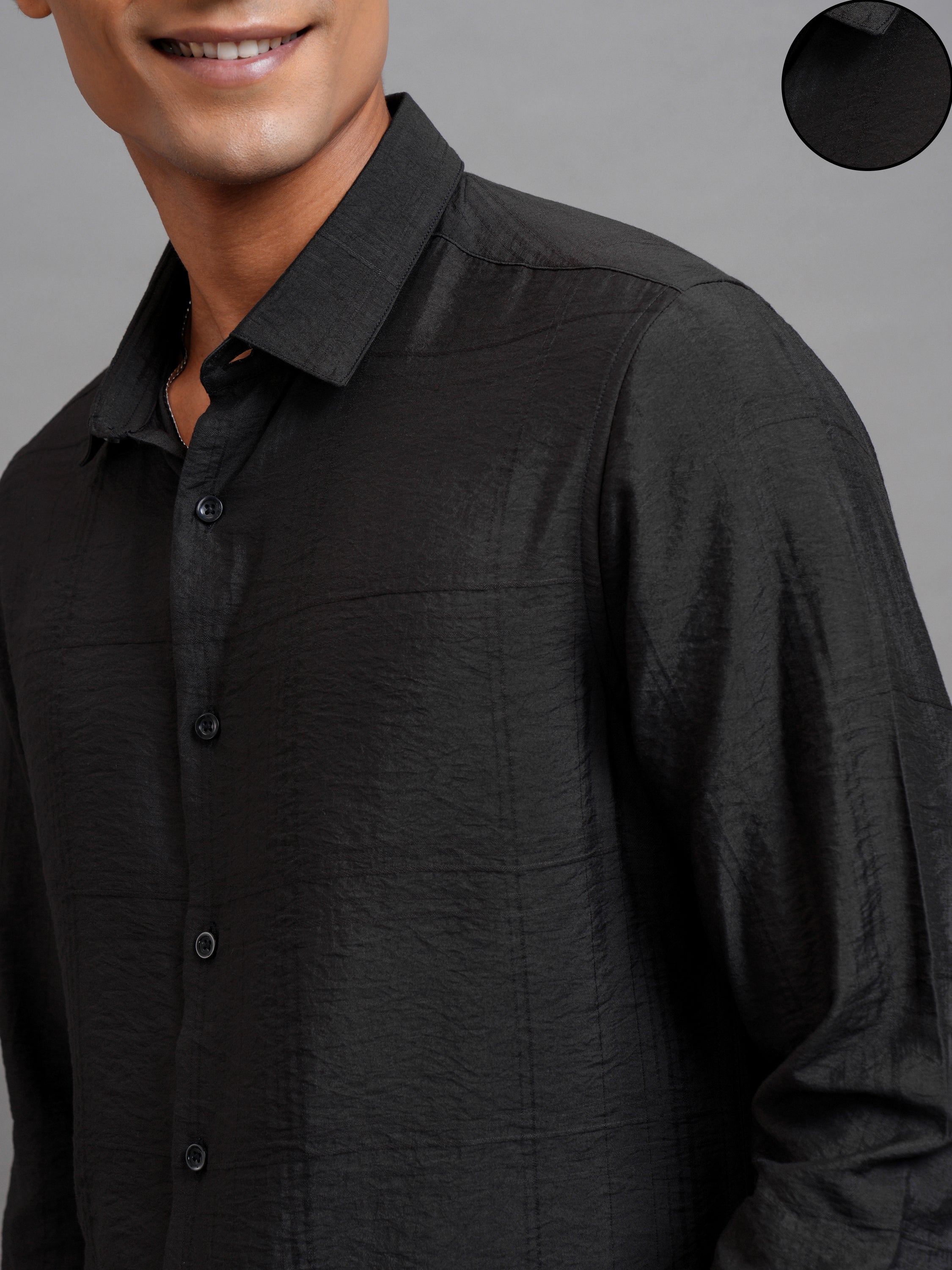 Highlander Men Black Self Design Slim Fit Casual Shirt - Black - Image 5