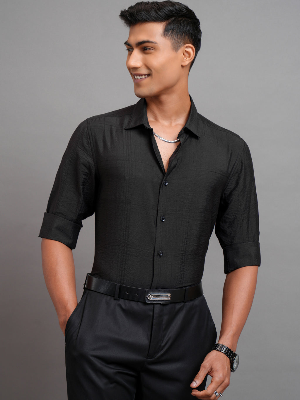 Highlander Men Black Self Design Slim Fit Casual Shirt - Black - Image 6