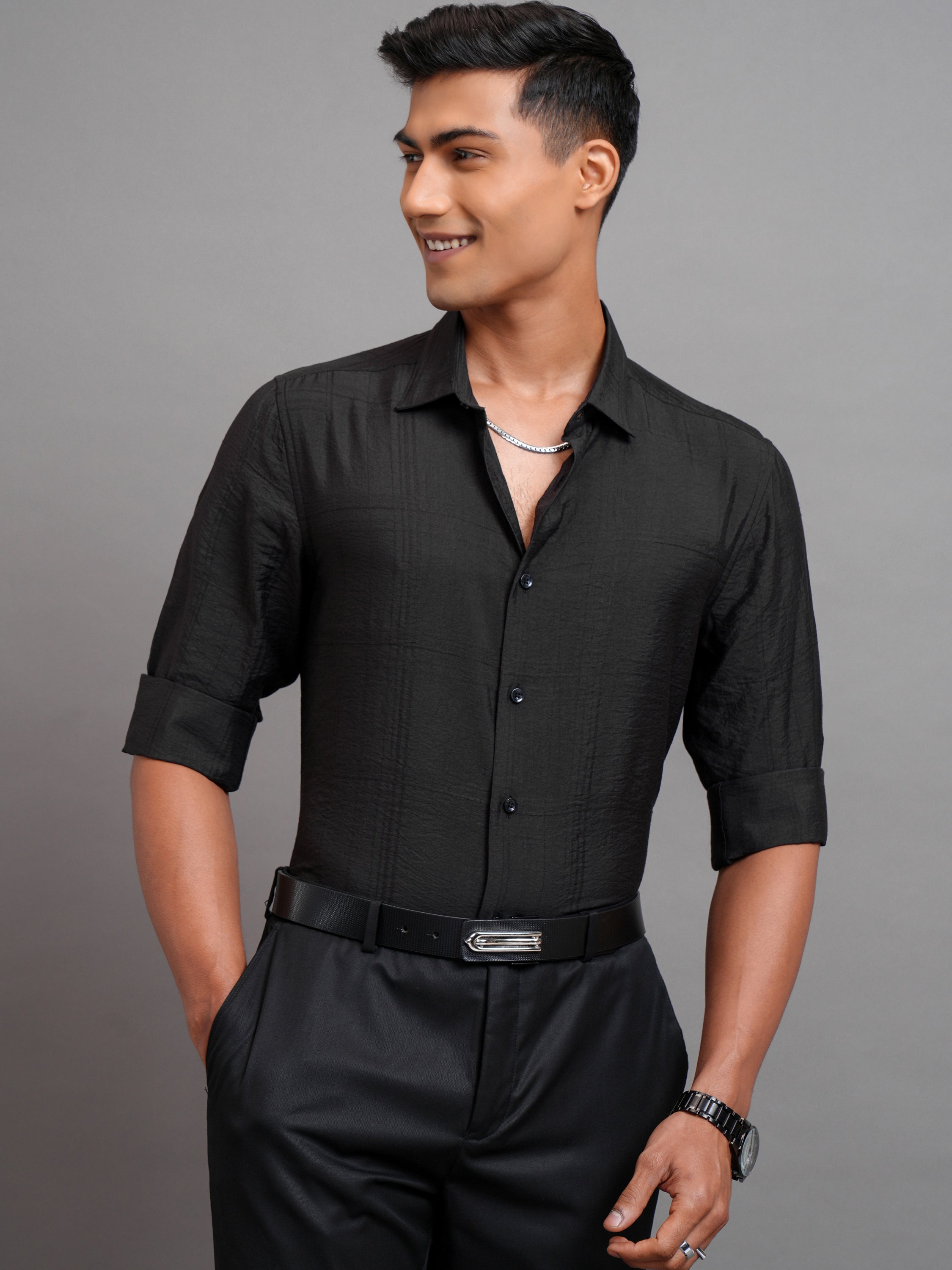 Highlander Men Black Self Design Slim Fit Casual Shirt - Black - Image 6
