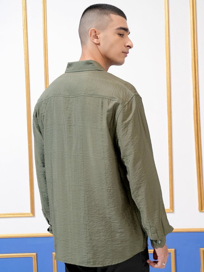 Highlander Men Olive Textured Slim Fit Casual Shirt - Olive - Image 3