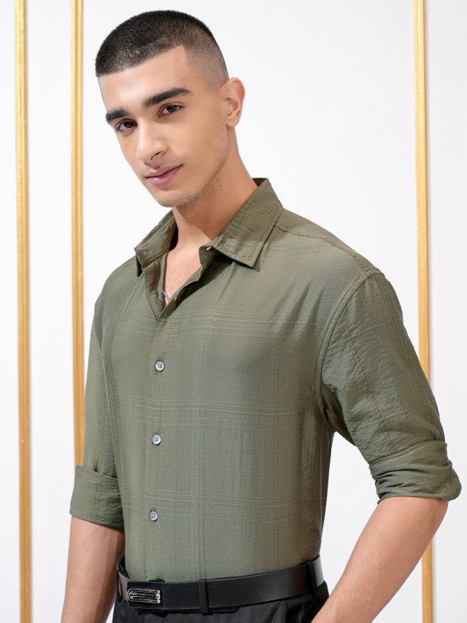 Highlander Men Olive Textured Slim Fit Casual Shirt - Olive - Image 4