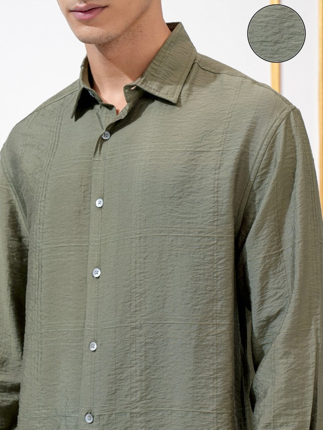 Highlander Men Olive Textured Slim Fit Casual Shirt - Olive - Image 5