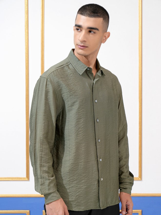 Highlander Men Olive Textured Slim Fit Casual Shirt - Olive - Image 6