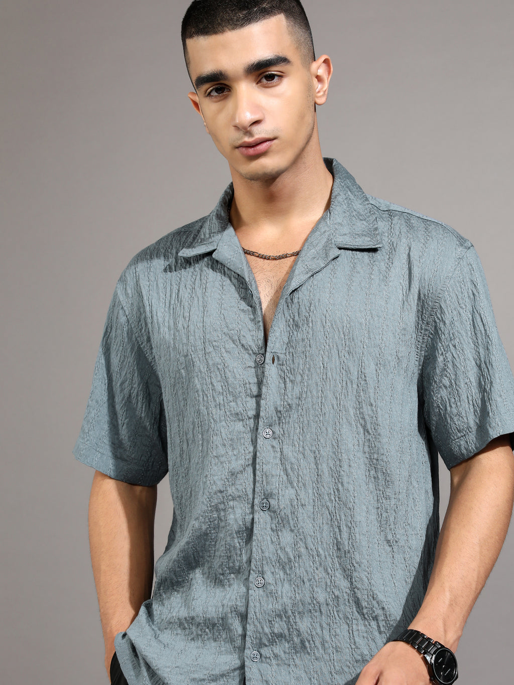Highlander Men Blue Self Design Relaxed Fit Casual Shirt - Blue - Image 1