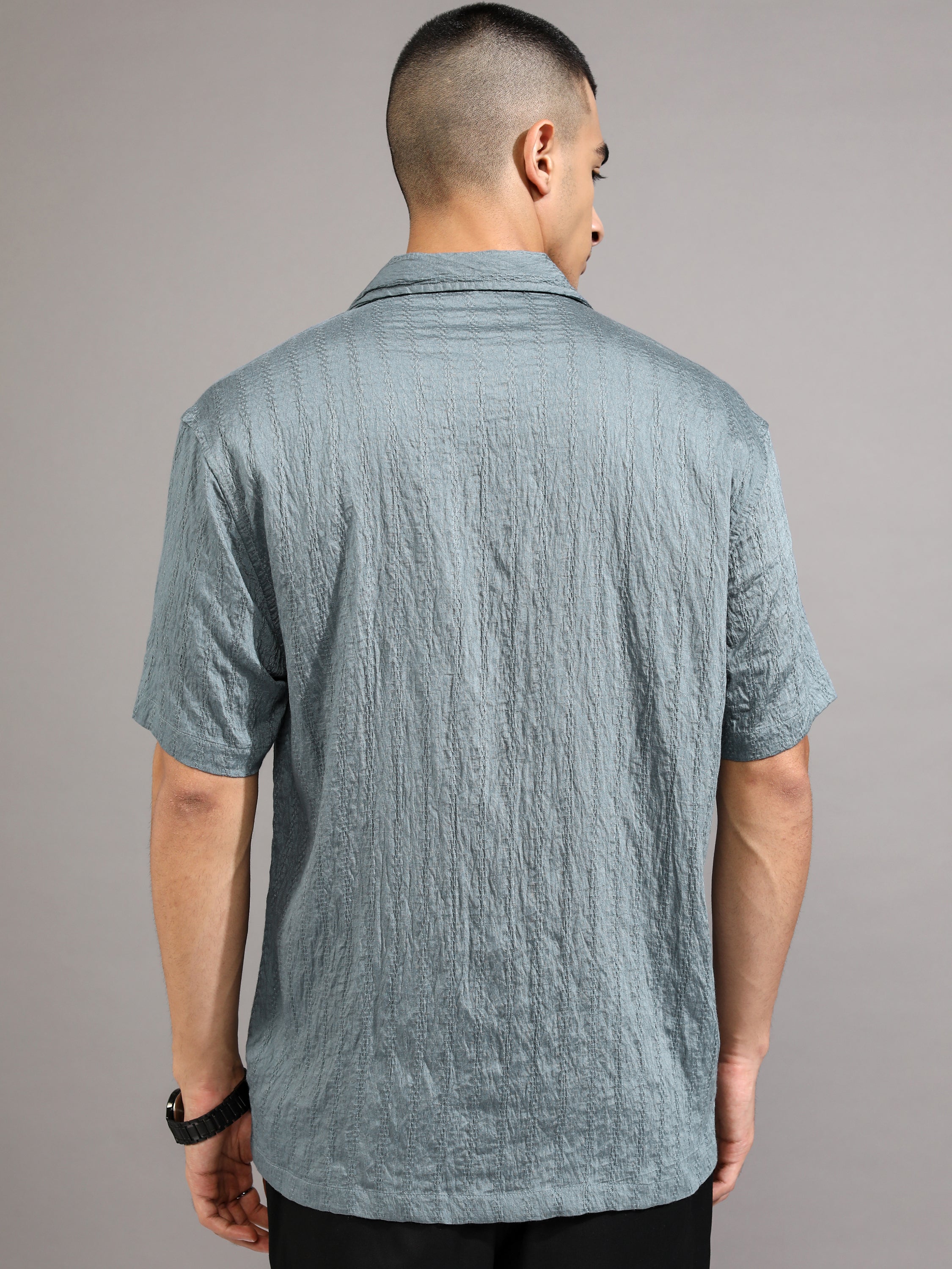 Highlander Men Blue Self Design Relaxed Fit Casual Shirt - Blue - Image 3