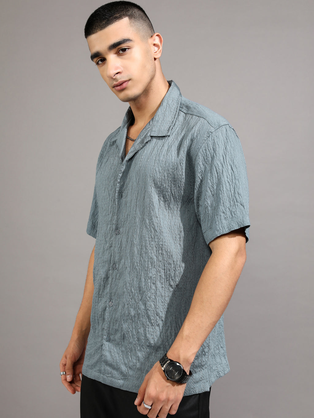 Highlander Men Blue Self Design Relaxed Fit Casual Shirt - Blue - Image 4