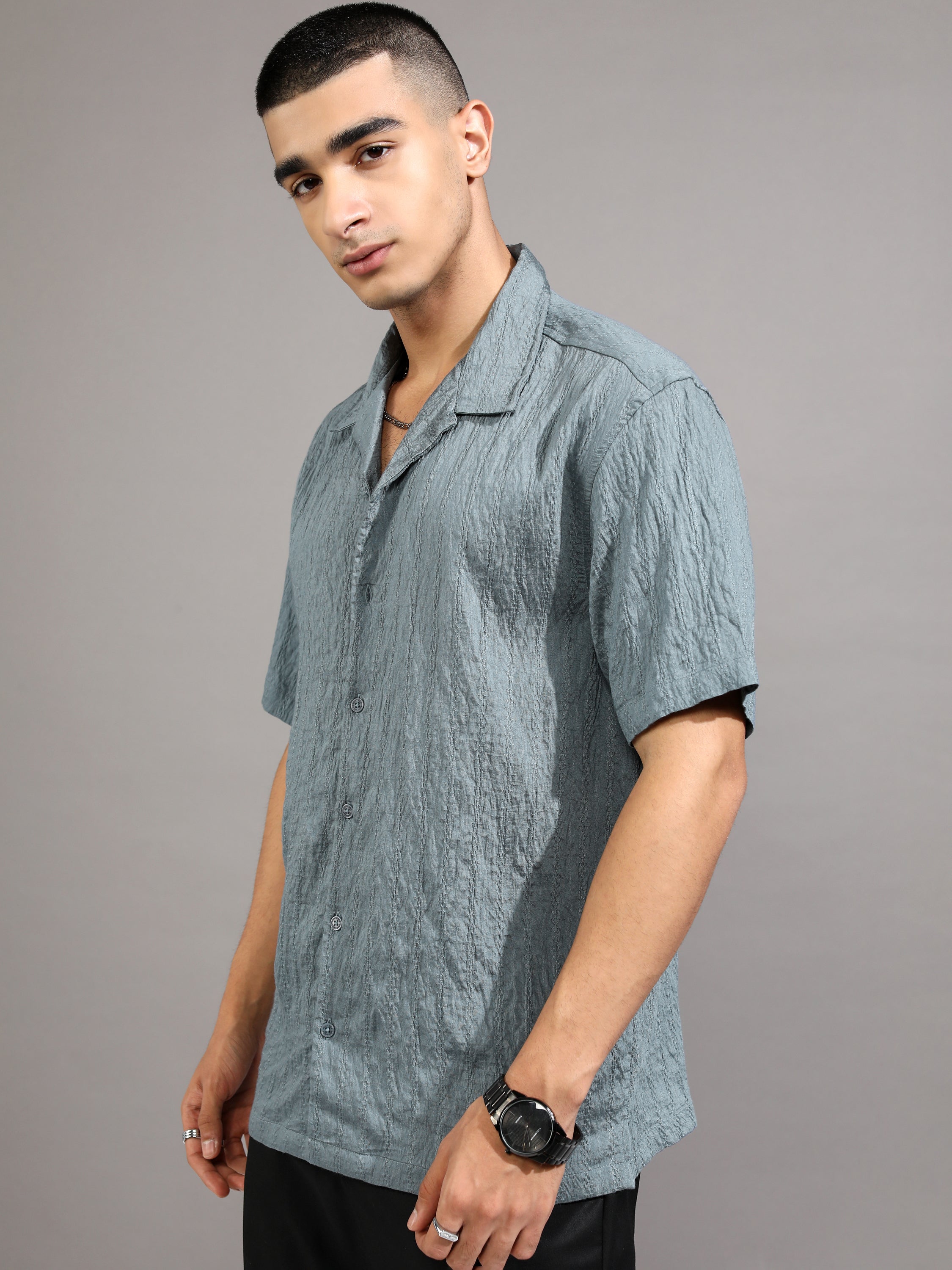 Highlander Men Blue Self Design Relaxed Fit Casual Shirt - Blue - Image 4